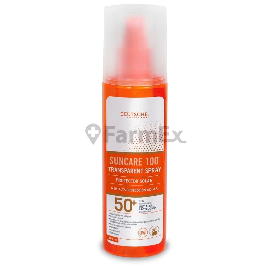 Suncare 100 Spray Transparente Protector solar 50+ x 200 mL Farmex-Fonasa-Persistente